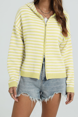 Women's Winter Striped Two-Way Zipper Hooded Knit Cardigan