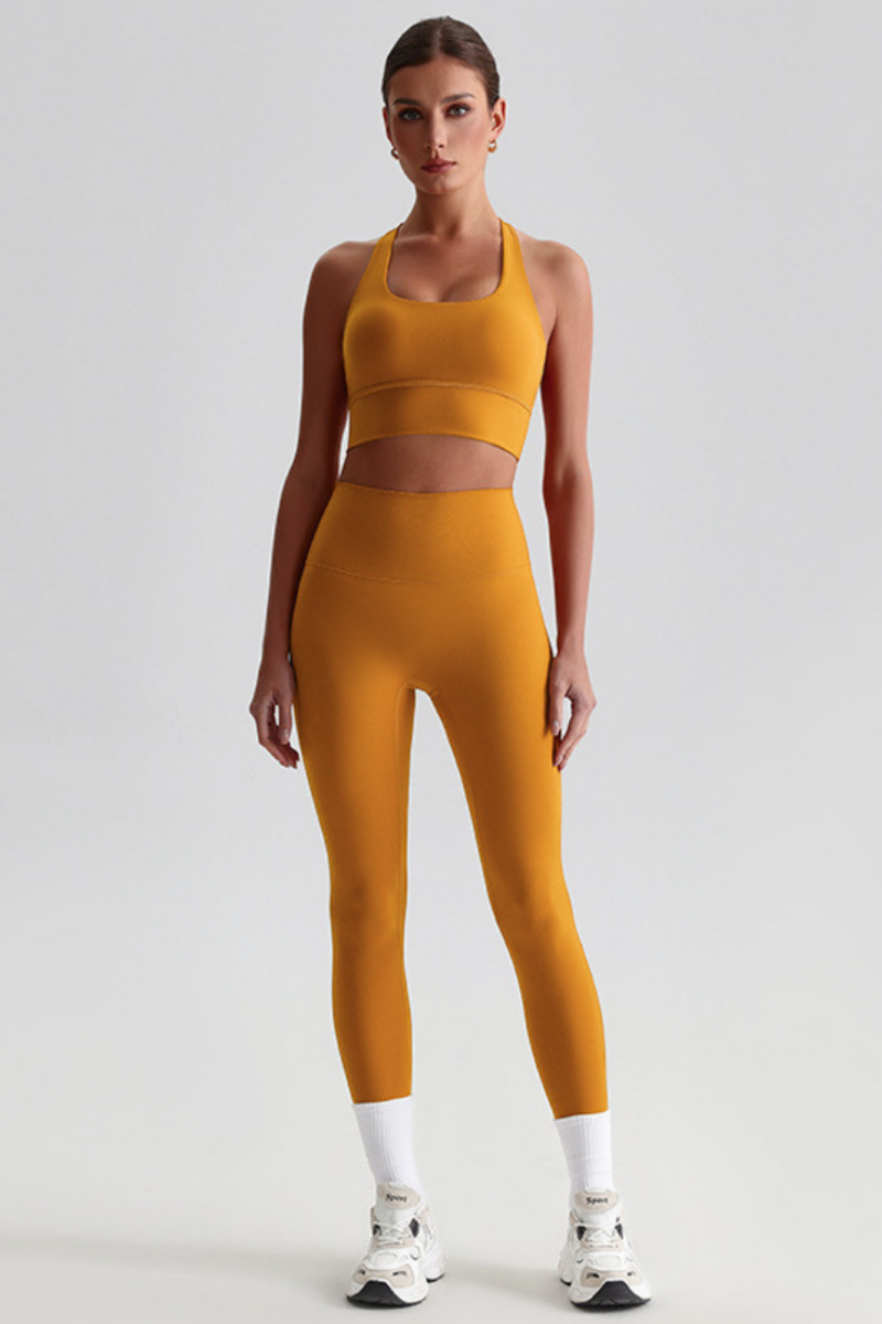 Women Naked Feel Cross Back Yoga Set: High Waisted Seamless Tummy Control Leggings + Crisscross Sports Bra
