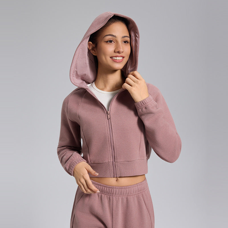 Short sports jacket with women's zipper and velvet yoga suit, casual hooded top