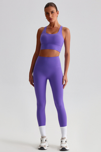 Women Naked Feel Cross Back Yoga Set: High Waisted Seamless Tummy Control Leggings + Crisscross Sports Bra