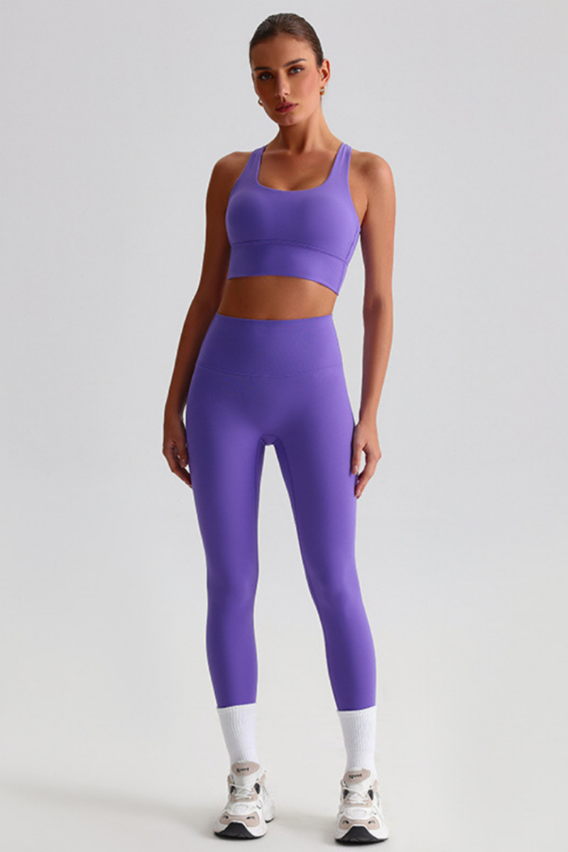 Women Naked Feel Cross Back Yoga Set: High Waisted Seamless Tummy Control Leggings + Crisscross Sports Bra