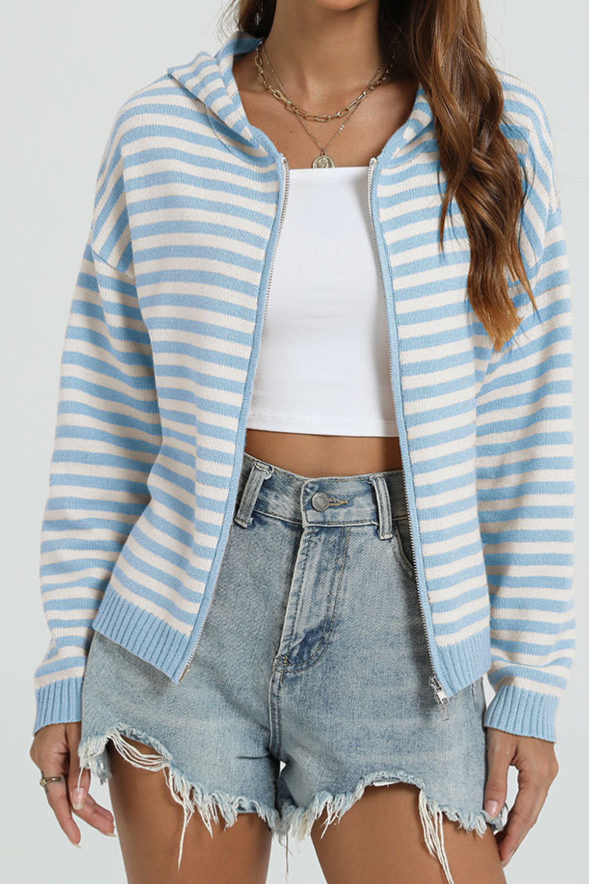 Women's Winter Striped Two-Way Zipper Hooded Knit Cardigan