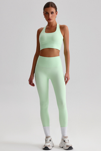 Women Naked Feel Cross Back Yoga Set: High Waisted Seamless Tummy Control Leggings + Crisscross Sports Bra