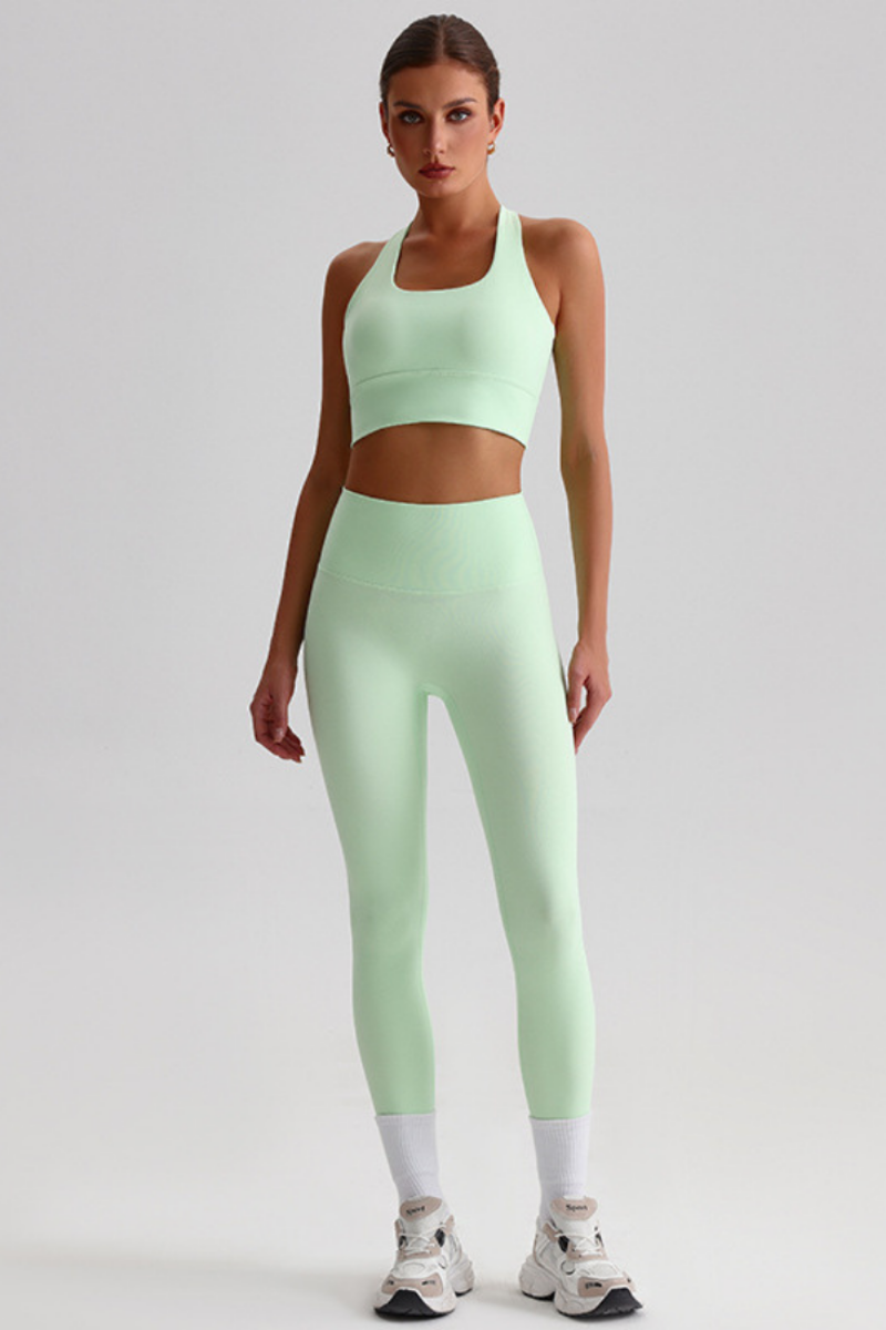 Women Naked Feel Cross Back Yoga Set: High Waisted Seamless Tummy Control Leggings + Crisscross Sports Bra