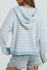 Women's Winter Striped Two-Way Zipper Hooded Knit Cardigan