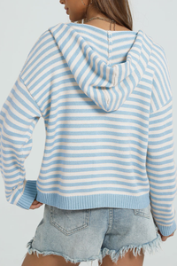 Women's Winter Striped Two-Way Zipper Hooded Knit Cardigan