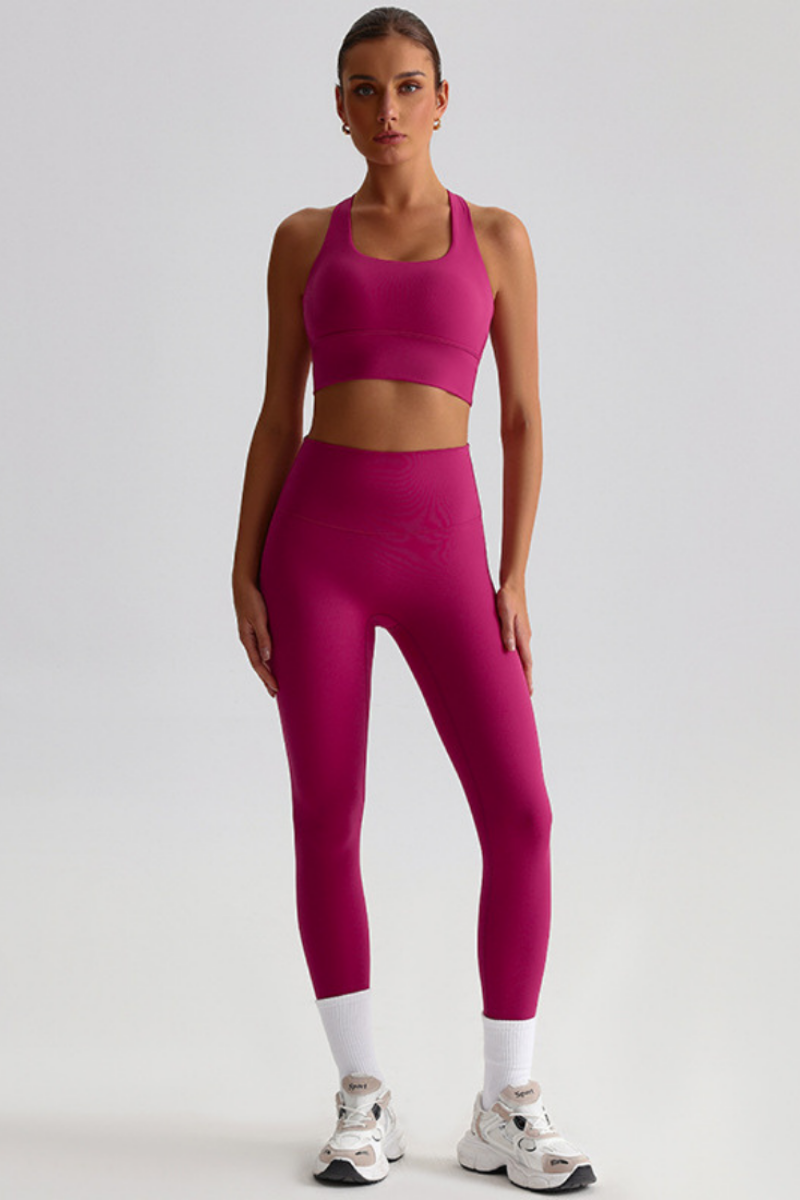 Women Naked Feel Cross Back Yoga Set: High Waisted Seamless Tummy Control Leggings + Crisscross Sports Bra