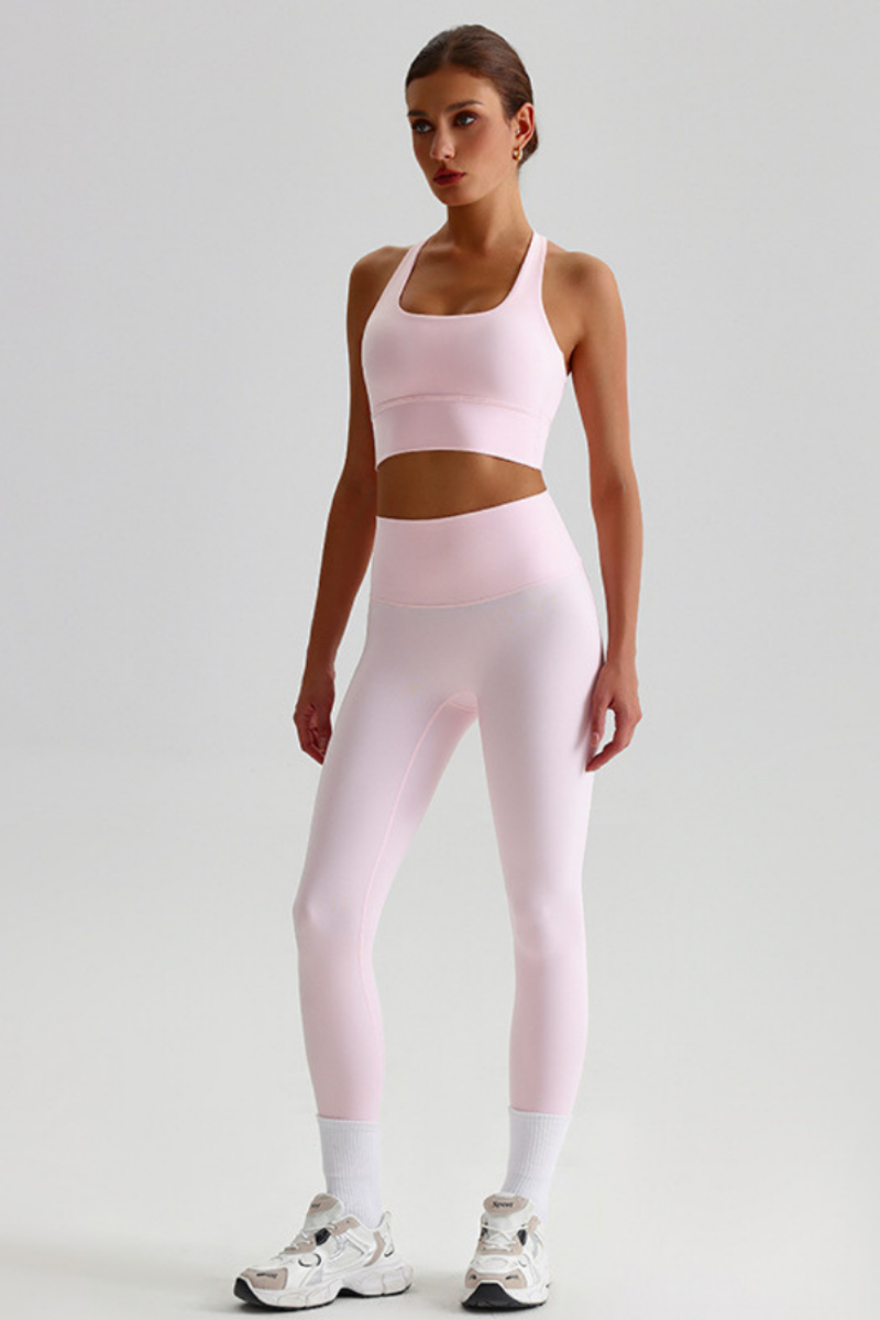 Women Naked Feel Cross Back Yoga Set: High Waisted Seamless Tummy Control Leggings + Crisscross Sports Bra