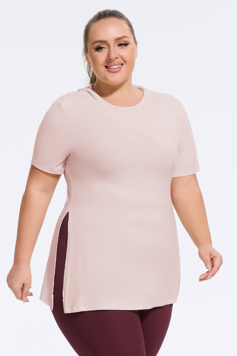 Plus Size Women's Ribbed Slit Yoga  Hooded T-Shirt