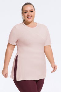 Plus Size Women's Ribbed Slit Yoga  Hooded T-Shirt