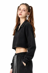 Women's  Fall 100% Cotton Collared V-Neck Crop Sweatshirt