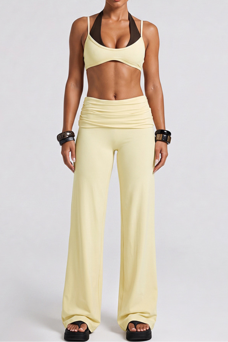 Women's Two-Piece Look Bra And Ruched Waist Wide-Leg Pants Yoga Set