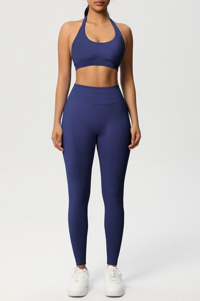 Women Seamless Knit Yoga Set: Halter Back Sports Bra + Sculpting Leggings