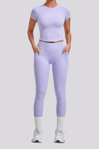 Women's Crew Neck T-shirt Pocket Leggings Yoga 2 Piece Set