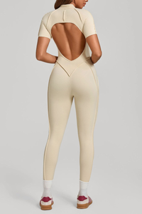 Women's Half-Zip Short Sleeve Open Back Jumpsuit