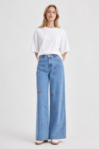 Women's High Waist Cherry Embroidered Wide Leg Jeans