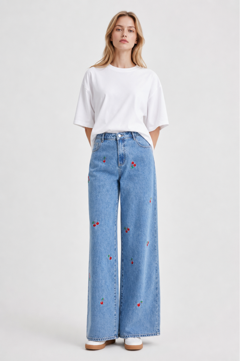 Women's High Waist Cherry Embroidered Wide Leg Jeans