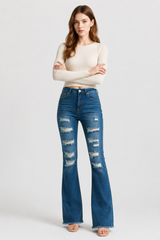 Women's Distressed Ripped Frayed Hem Stretch Flare Jeans
