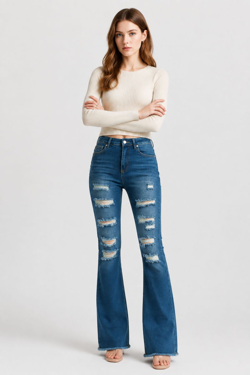 Women's Distressed Ripped Frayed Hem Stretch Flare Jeans