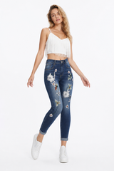 Women's Vintage High Waist Floral Embroidered Skinny Jeans