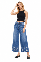 Women's High Waist Floral Embroidered Wide Leg Jeans