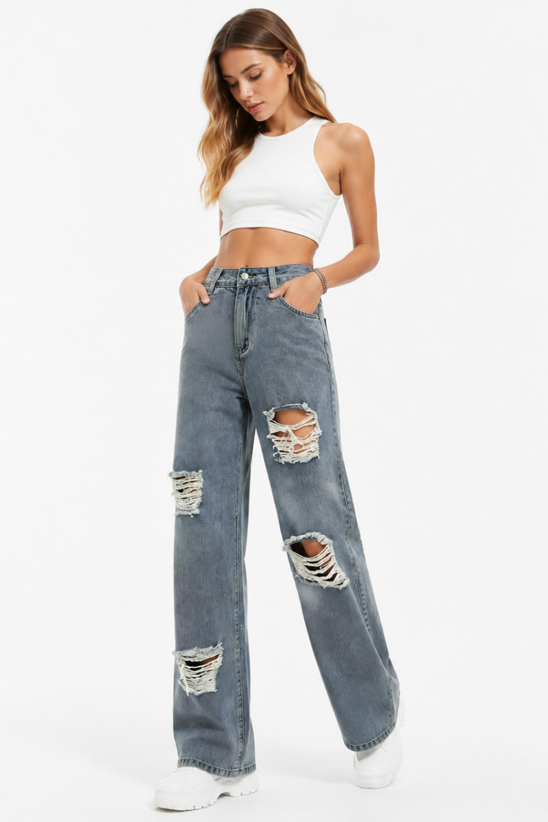 Women's High Waist Distressed Ripped Wide Leg Jeans