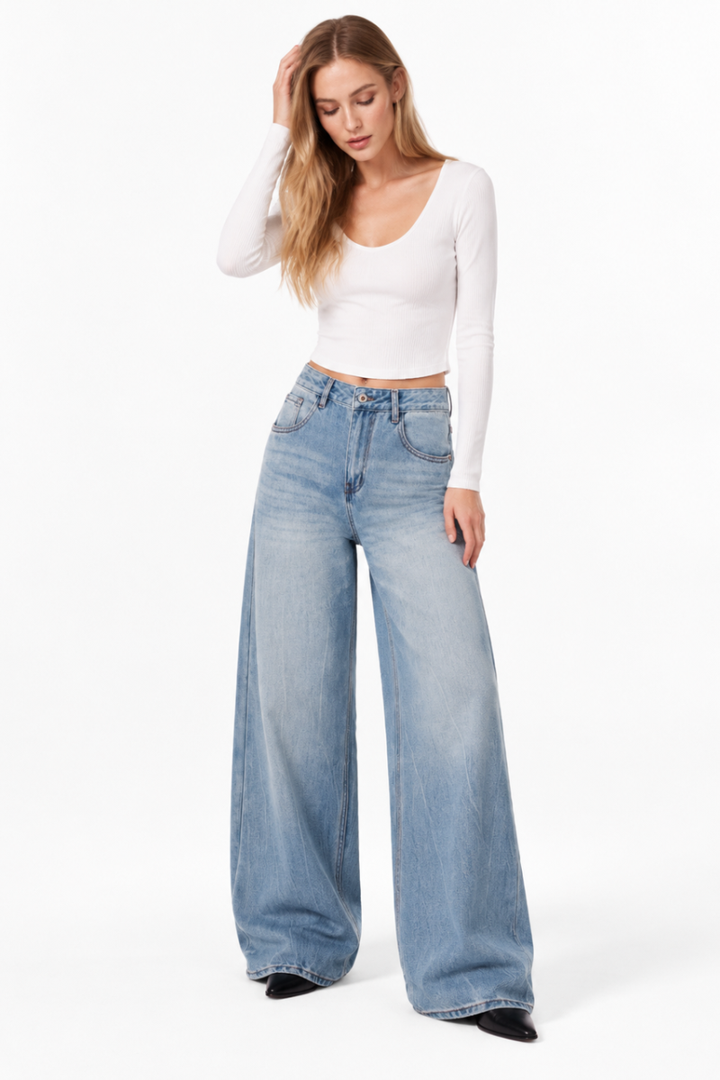 Women's 100% Cotton Mid Waist Wash Wide Leg Jeans