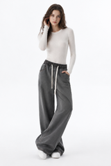 Women's Fall Drawstring Waist Side Pocket Wide Leg Jeans