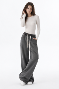 Women's Fall Drawstring Waist Side Pocket Wide Leg Jeans