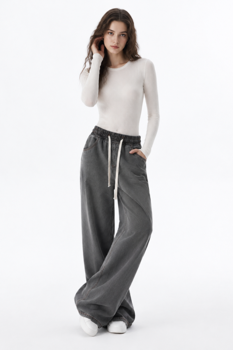 Women's Fall Drawstring Waist Side Pocket Wide Leg Jeans