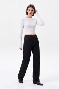 Women's High Waist Black Wash Straight Leg Jeans