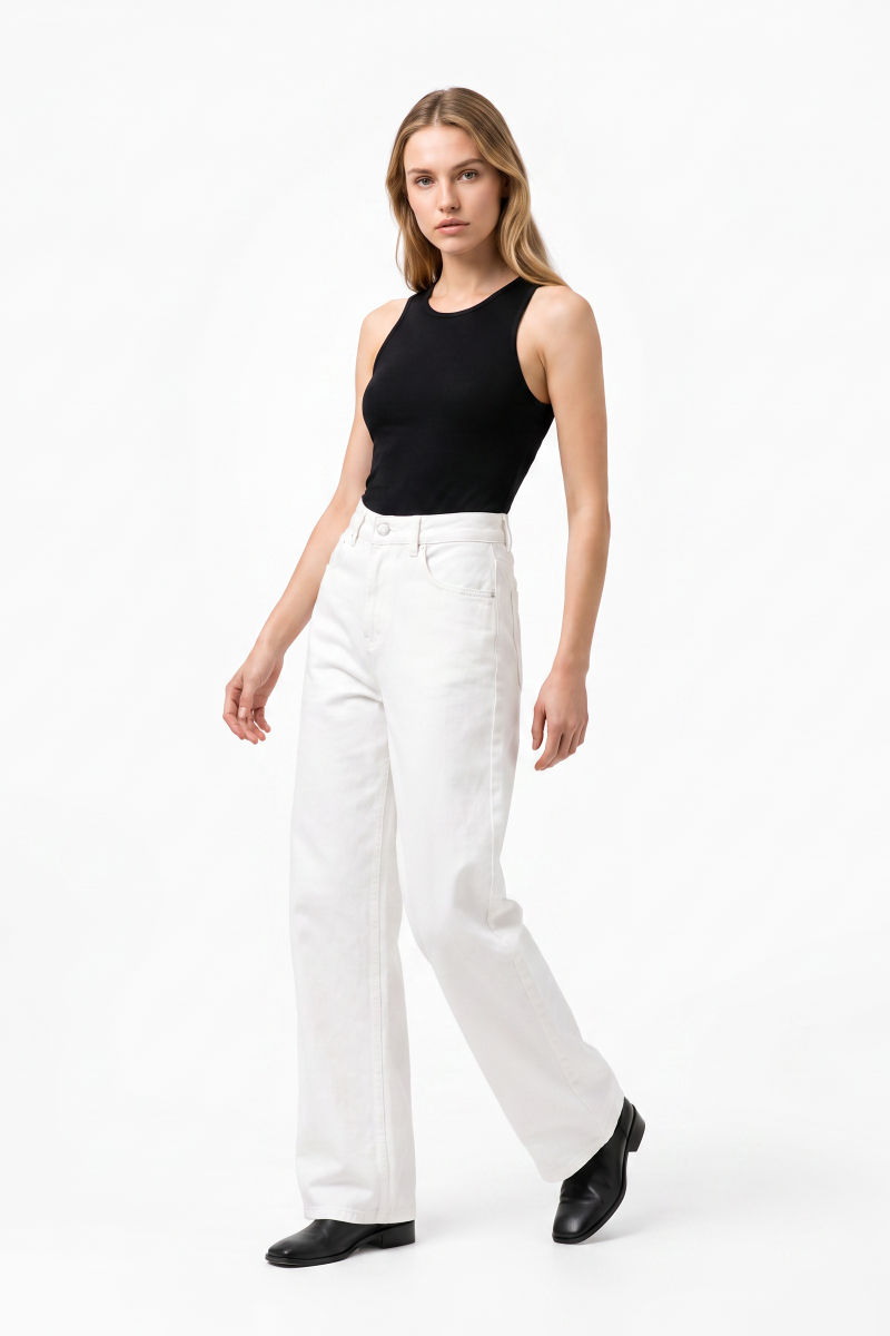 Women's Fall 100% Cotton Pure White Wide Leg Jeans