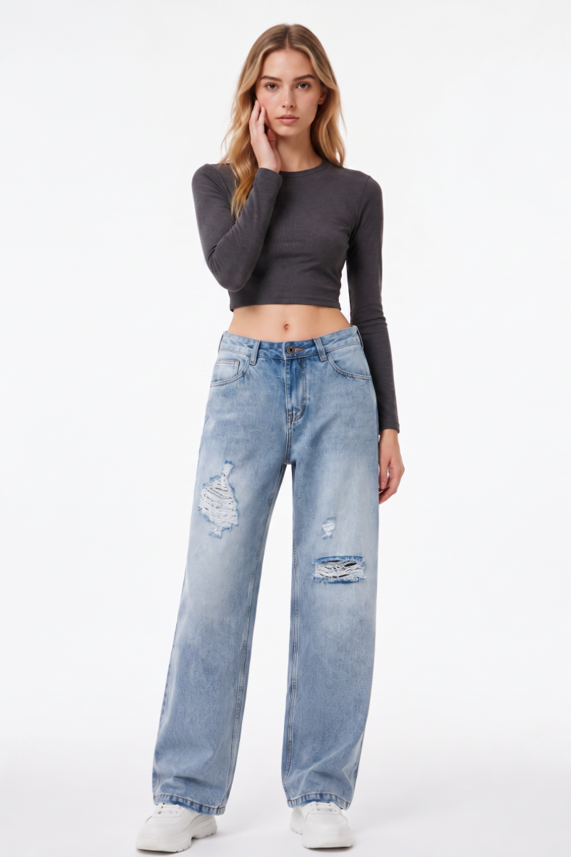 Women's Fall High Waist Ripped Straight Leg Jeans