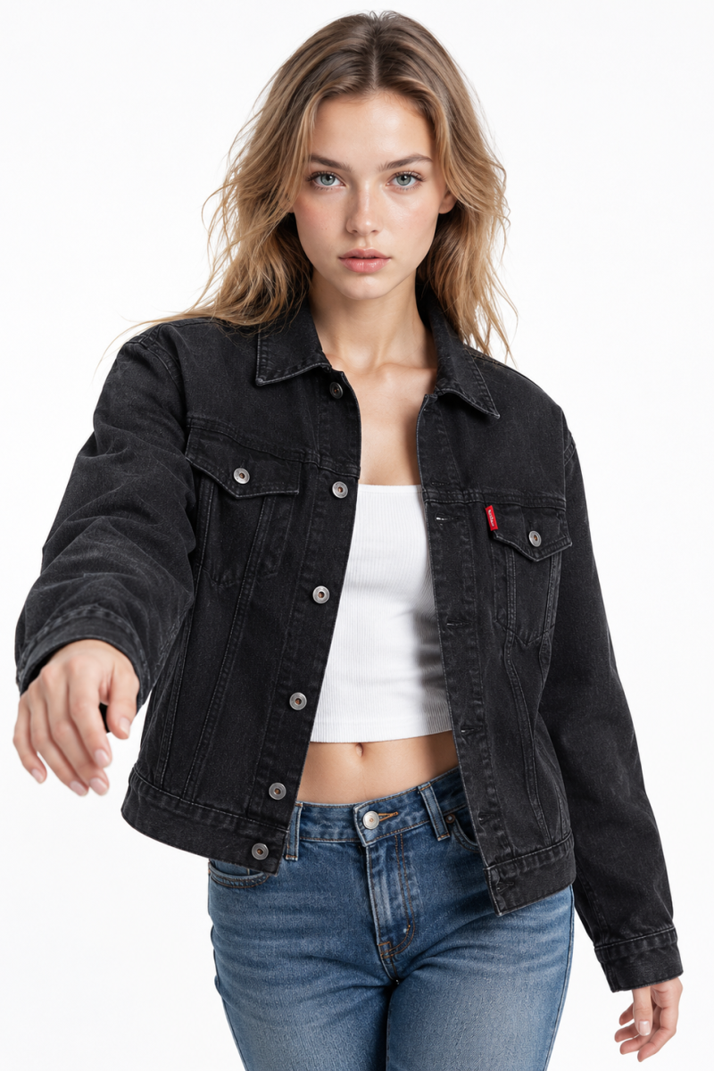 Women’s Black Button Front Chest Pocket Denim Jacket