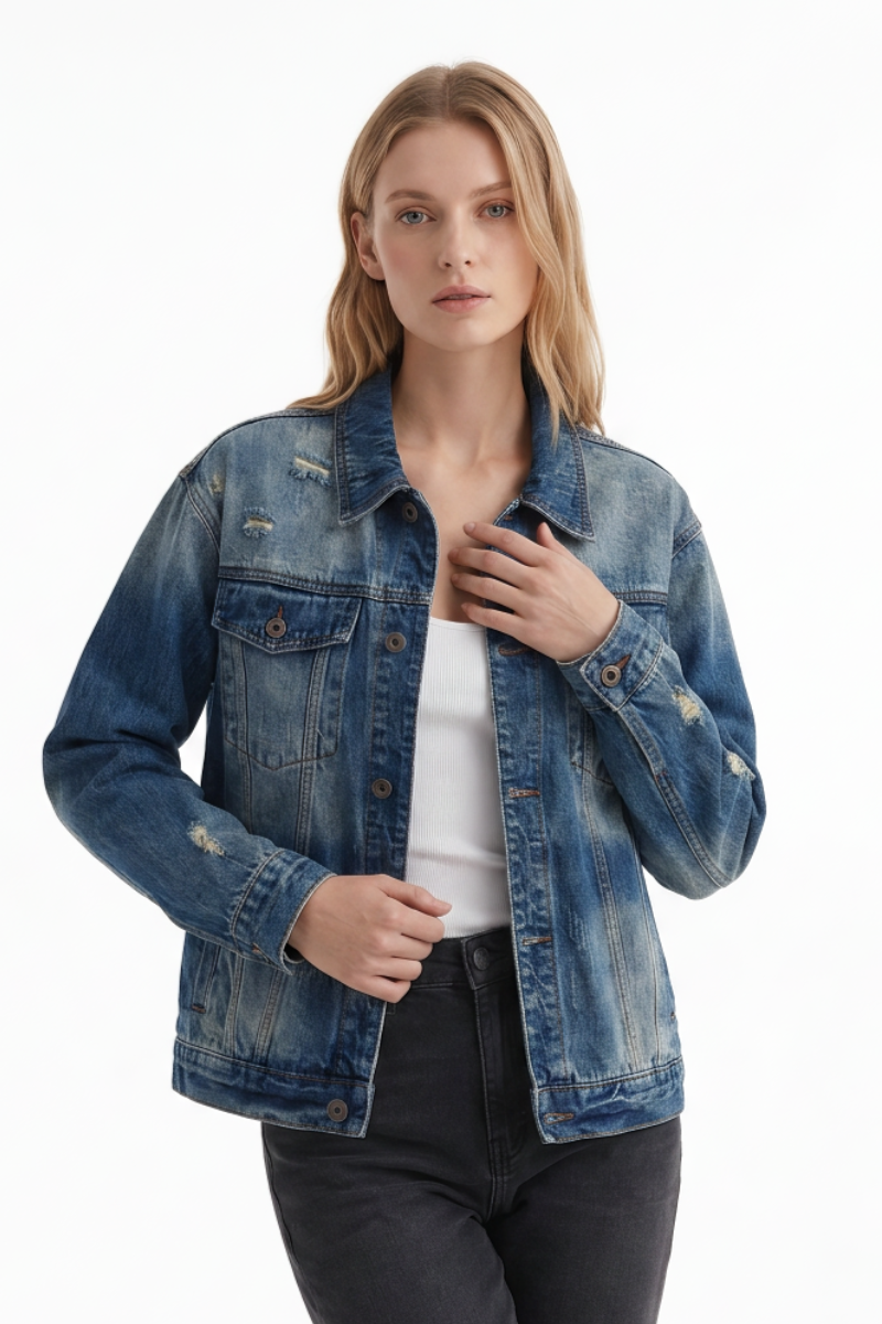 Women's Fall 100% Cotton Distressed Wash Casual Denim Jacket