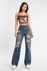 Women's High Waist Distressed Straight Leg Jeans