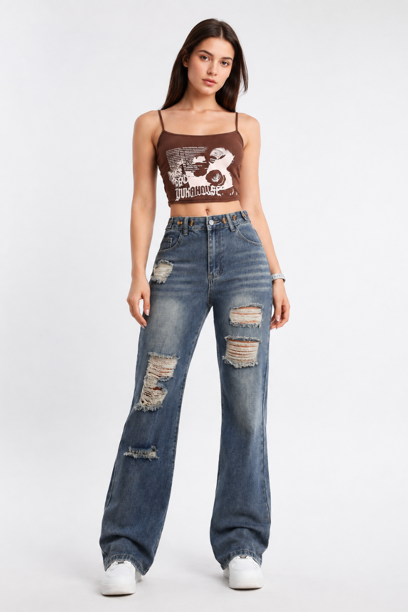 Women's High Waist Distressed Straight Leg Jeans