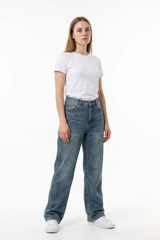 Women's 100% Cotton Dirty Washed Relaxed Straight Leg Jeans