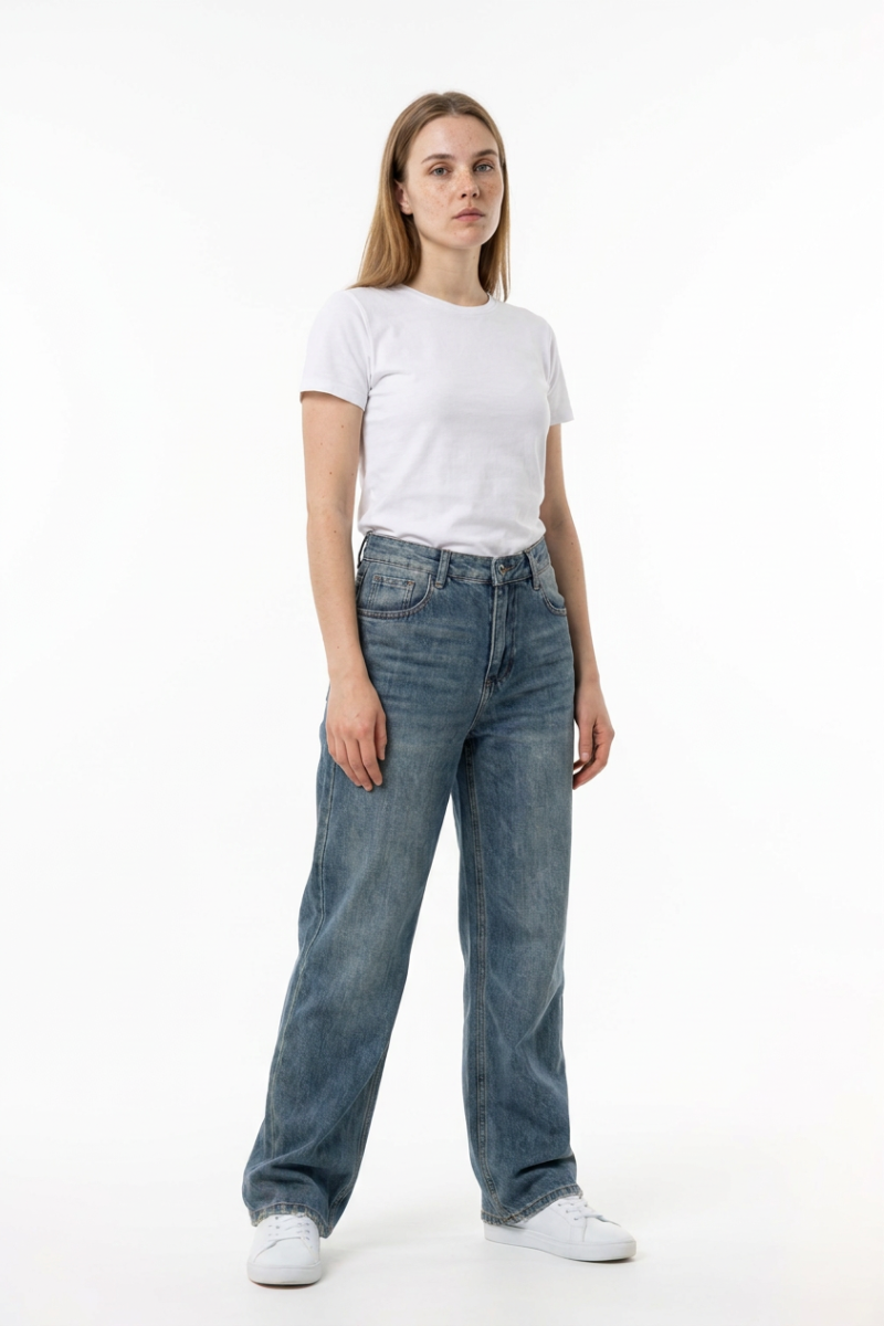 Women's 100% Cotton Dirty Washed Relaxed Straight Leg Jeans