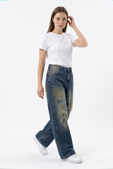 Women's Vintage Wash High Waist Straight Wide Leg Jeans
