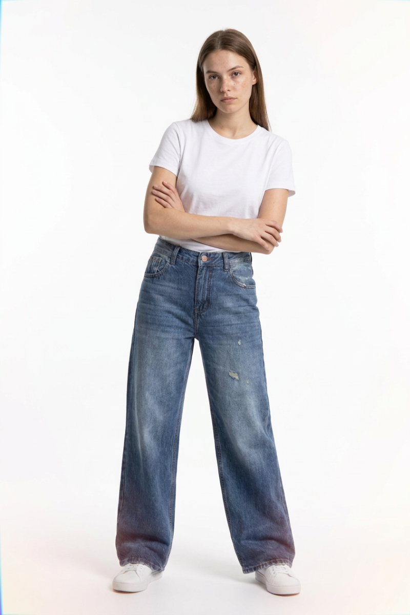 Women's 100% Cotton Distressed High Waist Wide Leg Jeans