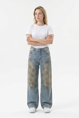 Women's Multi-Layer Dirty Wash High Waist Wide Leg Jeans