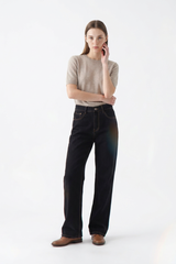 Women's Raw Black Wash High Waist Straight Leg Jeans
