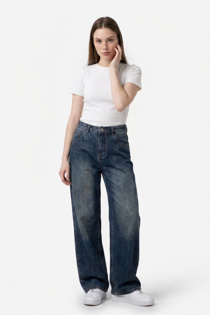 Women's Dirty Wash High Waist Loose Straight Leg Jeans