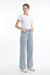 Women's High Waist Pink Bow Printed Wide Leg Jeans