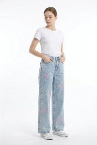 Women's High Waist Pink Bow Printed Wide Leg Jeans