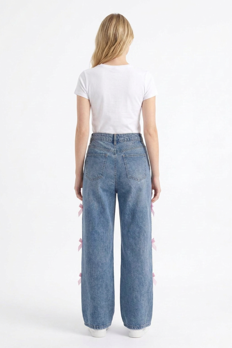 Women's High Waist Bow & Pearl Chain Detail Jeans