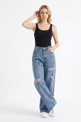 Women's High Waist Graffiti Ripped Wide Leg Jeans