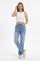 Women's Vintage Mid Waist Stretch Straight Leg Jeans