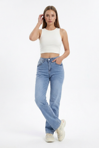 Women's Vintage Mid Waist Stretch Straight Leg Jeans